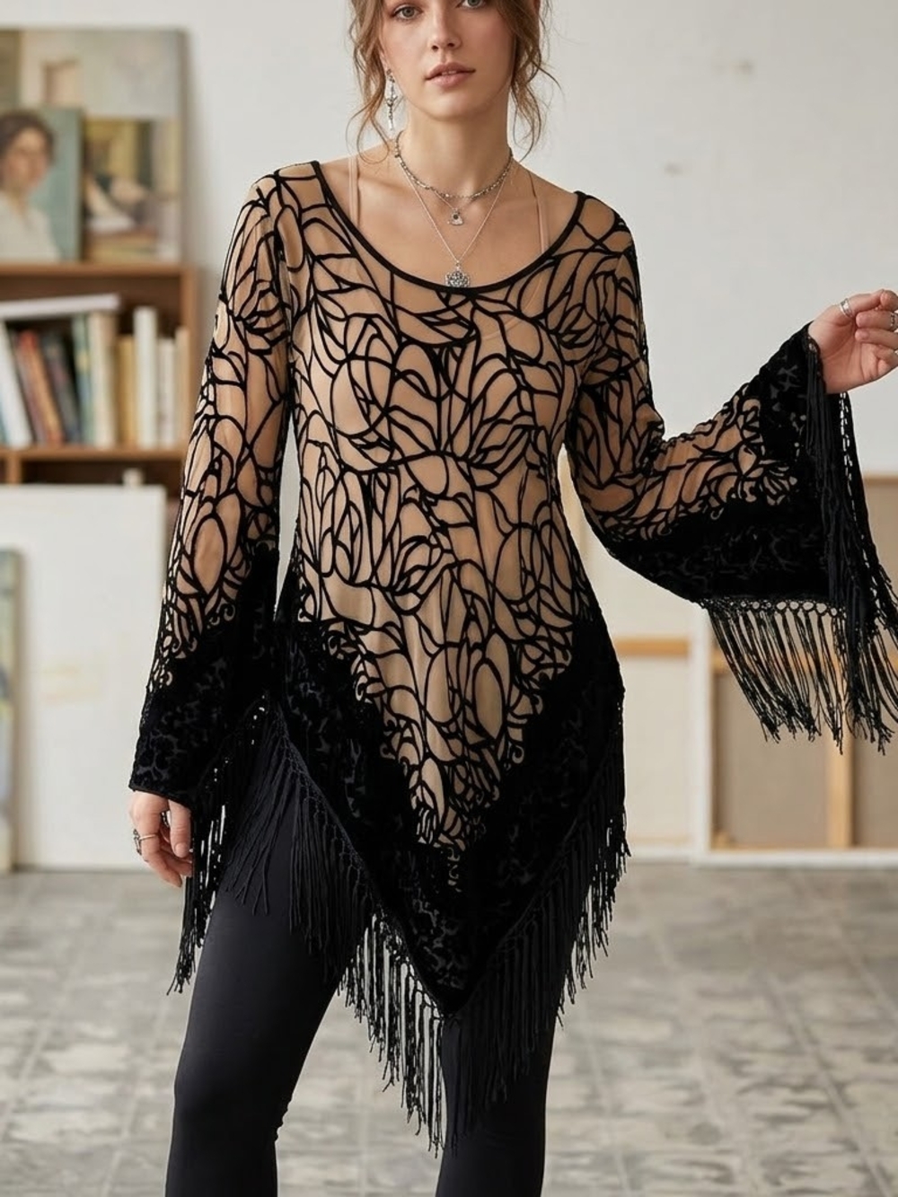Vintage Art Deco Beaded Fringe Whimsigoth Burnout Velvet Spider Mesh Top Tunic